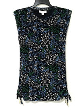Nine West Women's Size M Navy Vista Blue Floral Ruched Side Pull Tie Blouse