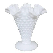 Vintage Fenton Hobnail Vase Ruffled Milk Glass Art Glass 5 3/4" Home Decor Gift