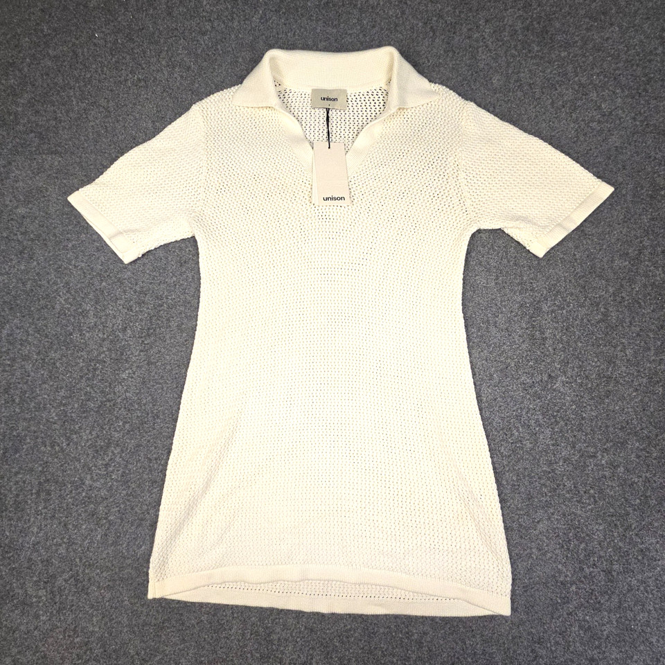Unison Dress Womens SMALL Beige collared Knitted short sleeve cotton Size S NWT