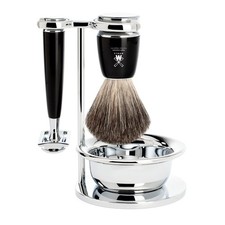 Classic Black Manual Shaving Razor with Badger Brush and Chrome Stand Set