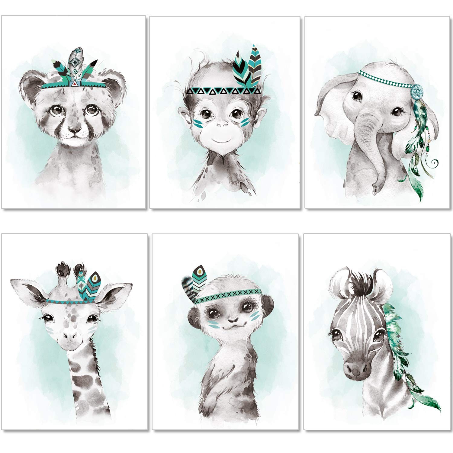 Lot de 6 images chambre enfant gris menthe idee cadeau de naissance mixte