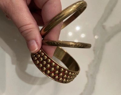 Vintage Brass Bangle Bracelets 3 Largest Has Red & Hobnail Boho Sheek