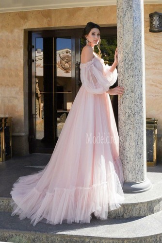 Off The Shoulder Blush/Pink Wedding Dress Chiffon Half Sleeve Custom Bridal Gown - Picture 2 of 4