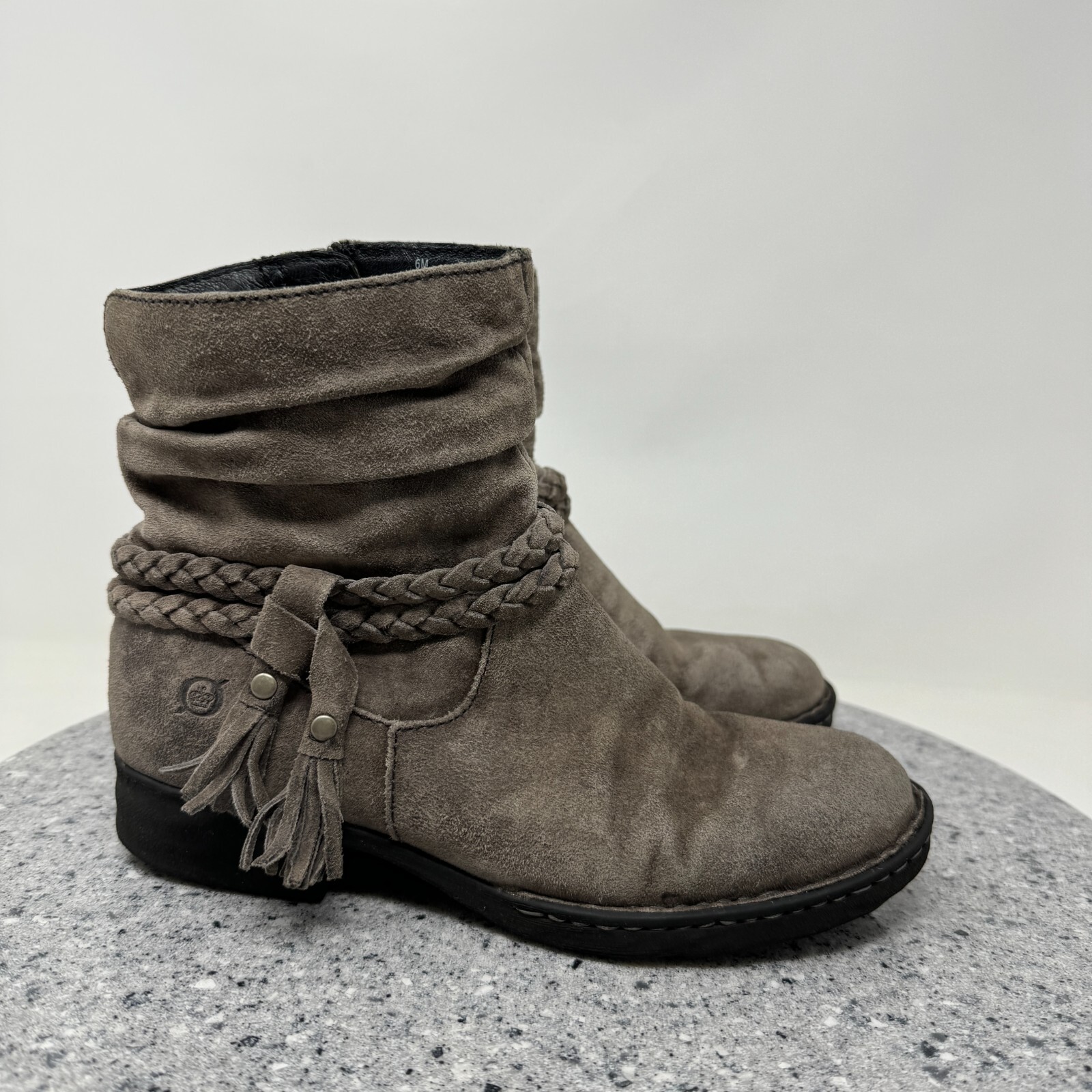Born Boots Womens 6 Brown Leather Suede Slouch Ankle Booties Zip Shoes Tasseled