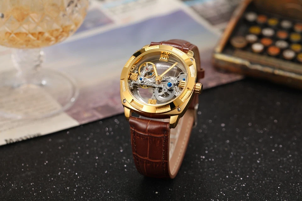 Reloj de Lujo Forsining Hombre Esqueleto Mecánico Impermeable Cuero Hueco. Regalo Foto 3 de 4