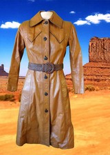 Cowboy Cowgirl Duster Trench Coat Dress Leather 8 Vintage Brown Riding Bag