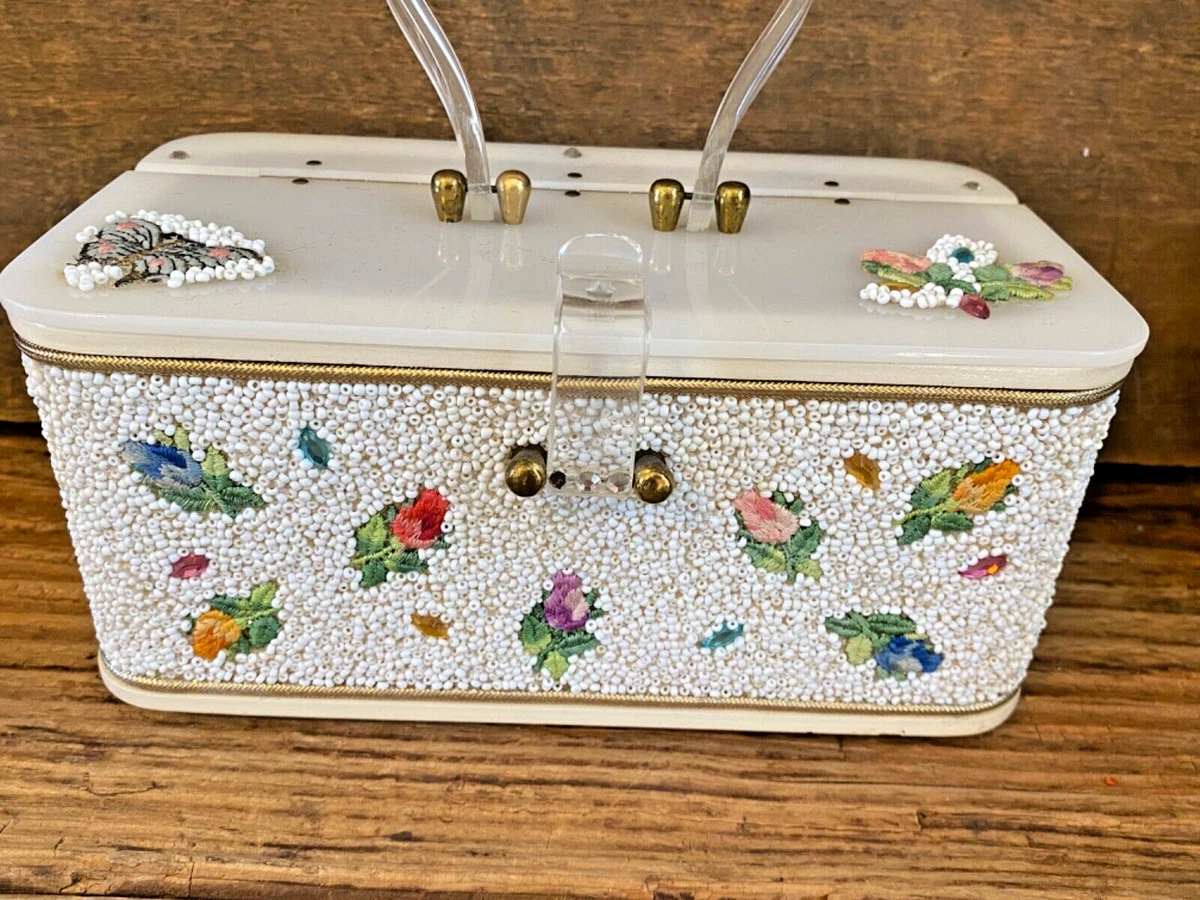Vintage 50's Midas of Miami Beaded Acrylic Lucite Purse Handbag Box