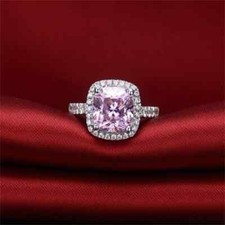 2Ct Cushion Lab Created Pink Sapphire Halo Engagement Ring 14K White Gold Plated