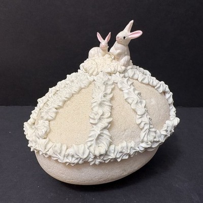Vintage Frosted Sugar White Easter Egg With Bunny Rabbits No Diorama Scene