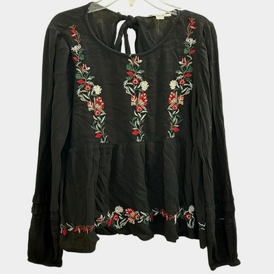 American Eagle Floral Embroidered Long Sleeve Tie Back! Peasant Boho Blouse XS S