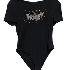 SHEIN Black 'Honey' Graphic Bodysuit Snap Closure Rhinestone Studs Halo