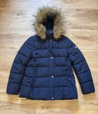 Tommy Hilfiger Women  s Large Faux-Fur Trim Hooded Puffer Jacket Navy Blue