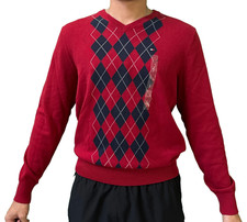 Tommy Hilfiger Men  s V-neck knit sweater Plaid in red/navy Size S