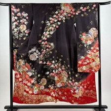 Woman Japanese Kimono Furisode Silk Butterfly Cherry blossom Foil Brown purple