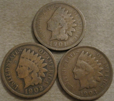 SELLING AS SHOWN ~ 1901~1902~1903 INDIAN HEAD CENTS *** 3 COINS *** 873
