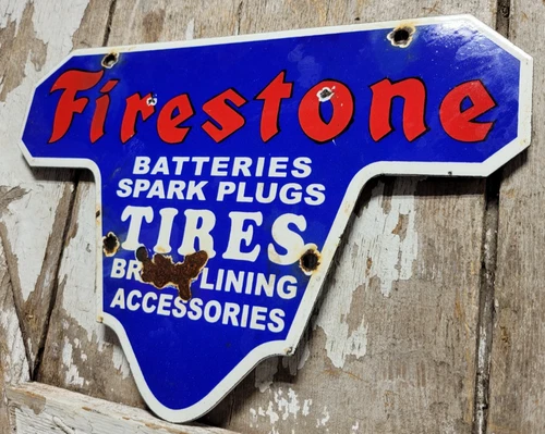 VINTAGE FIRESTONE PORCELAIN SIGN OLD BATTERY SPARK PLUG BRAKE AUTO TIRE CAR PART