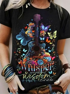 1pc Women'S Whisper of Wisdom Guitar And Butterfly Pattern T-Shirt- 100% Pure,