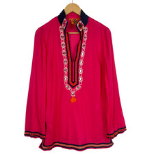 Tory Burch Embellished Tunic Dress 6 Pink Resort Cover Up Boho Luxe Coastal