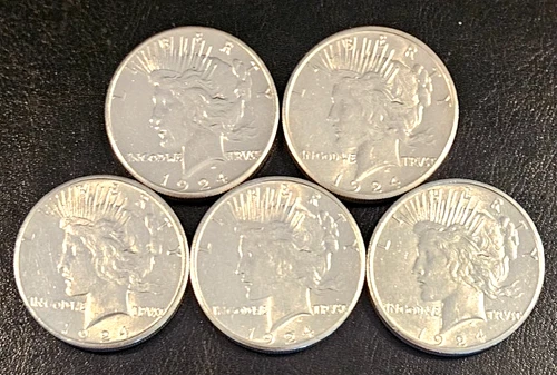 Gorgeous Lot of 5 1924 S Peace Dollars, Exceptional Luster, CH/AU/BU Set