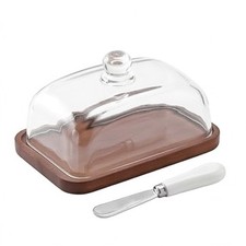 Glass Butter Dish with Lid & Bamboo Base Tray Vintage Acacia Wood Butter Dish UK