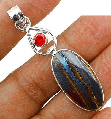 Natürlicher Tiger Eisen Jaspis & Feuer Granat 925 massiv Sterlingsilber Anhänger @B7-2