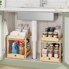 Bamboo Wood Under Sink Organizer 1 Pack, Pull Out Cabinet Organizer 2 Tier Un...