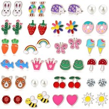 24 Pairs Hypoallergenic Stud Earrings for Girls Kids Cute Stainless Steel Ear...