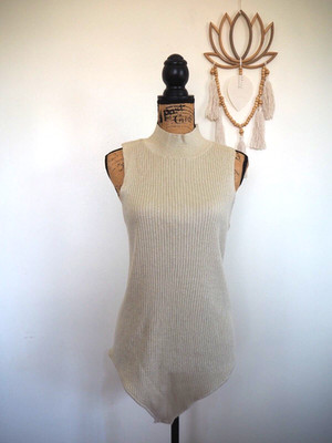 Ivory Beige Shimmer Sleeveless Mock Neck Ribbed Stretch Body Suit Top Sz 2XL NWT