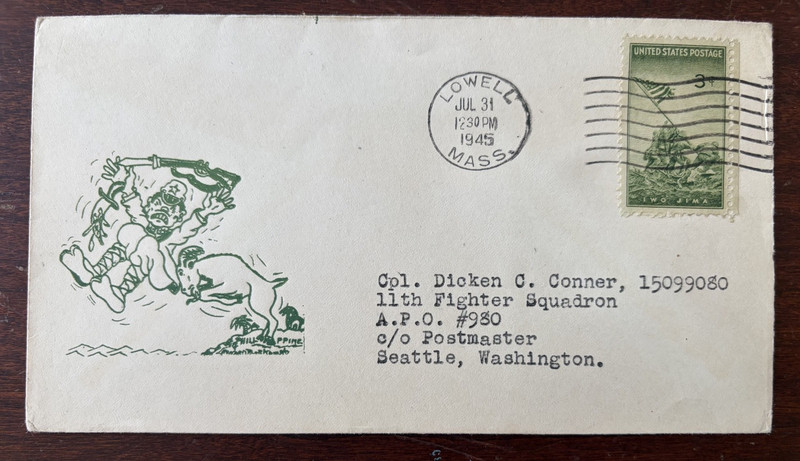WWII Patriotic Cover 1945 Anti Japan APO 980 tojo Lowell Massachusetts Corporal