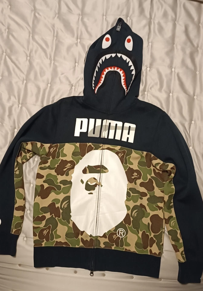 Sweat à capuche requin camouflage BAPE X Puma noir/gris KHAK S rare un collab... - Photo 1/4