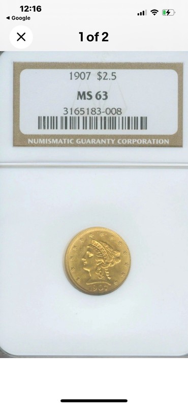 1907 MS 63 $2.50 Gold Liberty  Proff like MS63 grade gold coin in a NGC