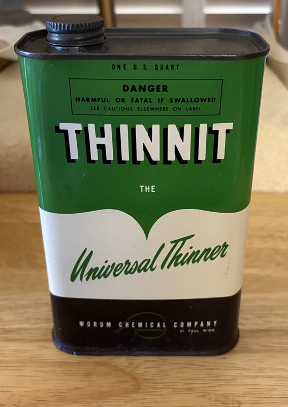 RARE -VTG. WORUM CHEMICAL COMPANY "THINNIT" UNIVERSAL THINNER  1  QT EMPTY