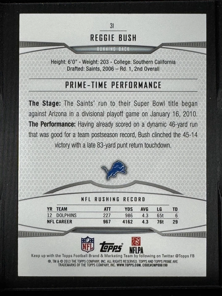 2013 Topps Prime #31 Reggie Bush Detroit Lions - Image 2 of 2