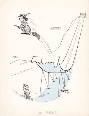 Hexe witch Ski jumping Skispringen caricature Zeichnung dessin R. Mofrey 1960