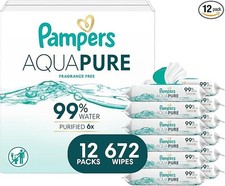 Pampers Aqua Pure Baby Wipes, 99 Water, Fragrance Free, Unscented, Water Based,