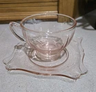 NEW MARTINSVILLE ELEGANT DEPRESSION GLASS PINK FANCY SQUARE Cups And SAUCERS (3)