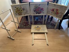 4 Artex Wood TV Trays Folding Table Set Of Trays + Stand Flowers Artist Signed