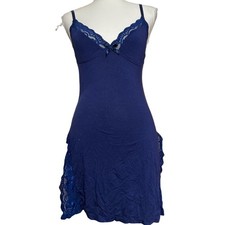 Y2K Womens Navy Blue Lace Trim Stretch Slip Mini Dress Lingerie Nightgown Size M
