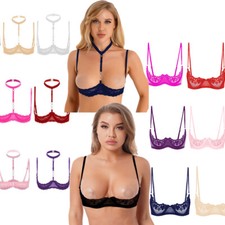 US Women's Lace Brassiere 1/4 Cups Tops Bare Exposed Breast Bra Breathable Bras