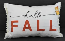Autumn Decorative Accent Pillow Hello Fall Ivory Applique Fringe 12" x 18" NEW