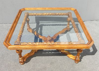 Spanish Style Barley Twist Scalloped Glass Top Coffee Table Unique Oxford Wyman 