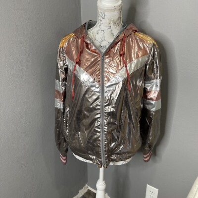 New! Mother The Triple Sport Breaker Jacket Metallic Silver Pink Rose Size Small