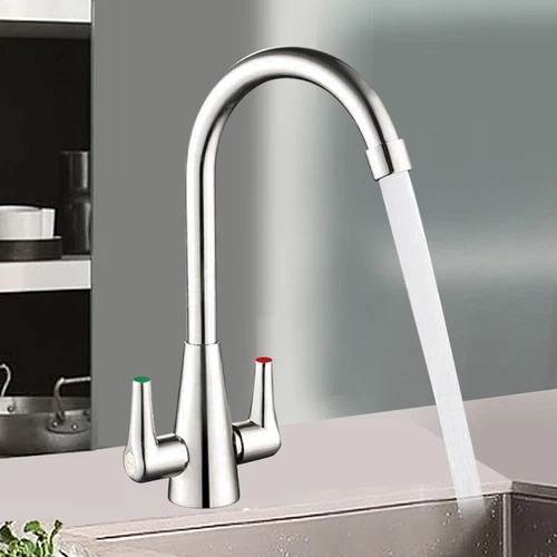 Modern Kitchen Mixer Tap Dual Lever Swivel Spout Mono Chrome Sink Taps Faucet - Picture 7 of 17