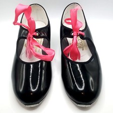 LaGrand Professional Black Patent Leather Tap Dance Shoes Pink Ribbon Accents 2M