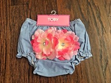 Baby Girl Diaper Cover Ruffled Bloomers Chambray Denim w/ Pink Flowers, One Size