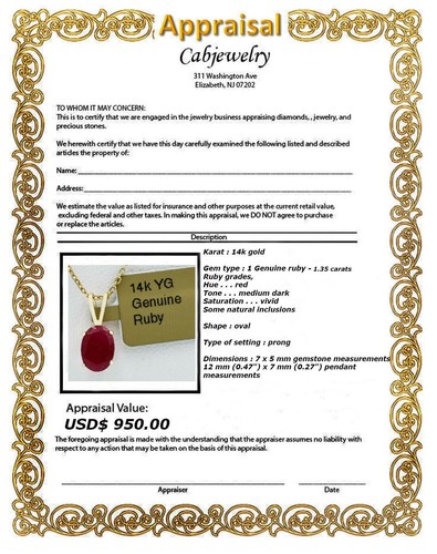 GENUINE 1.35 Cts RUBY PENDANT 14k YELLOW GOLD - Free Appraisal Service - NWT - Picture 4 of 4