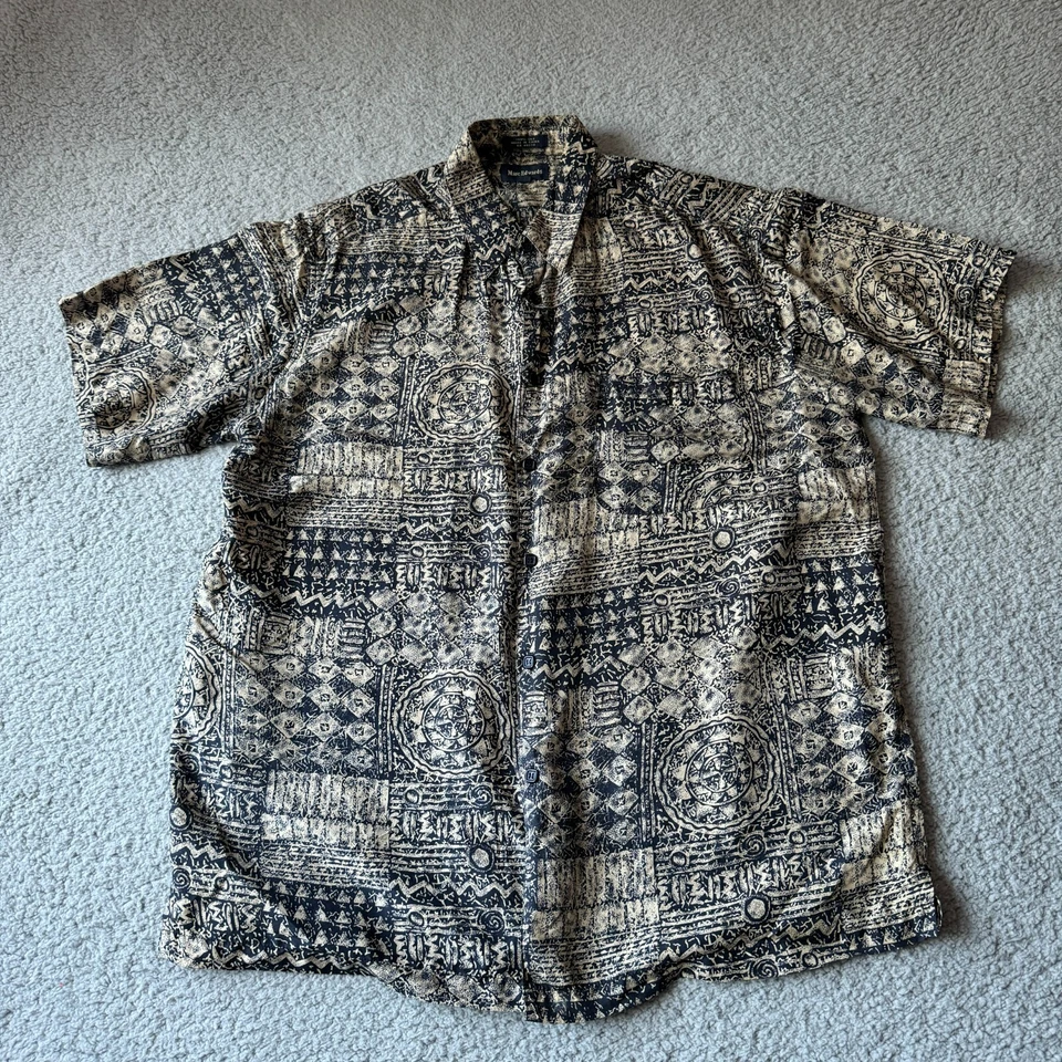 Marc Edwards Shirt Mens Large Black Graphic Print 100% Silk Button Up Camp Aloha - Image 2 of 4