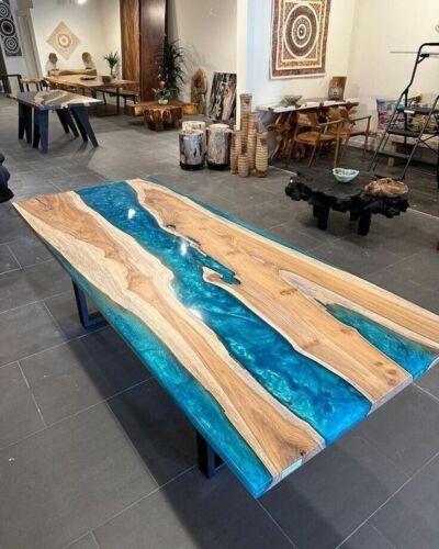 Blue Epoxy Resin Dining Table Top, Live Edge Wooden Table, Office Desk Table Top - Picture 2 of 9