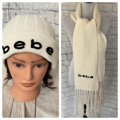 Bebe women OS Winter beanie and scarf white w/black writing 
