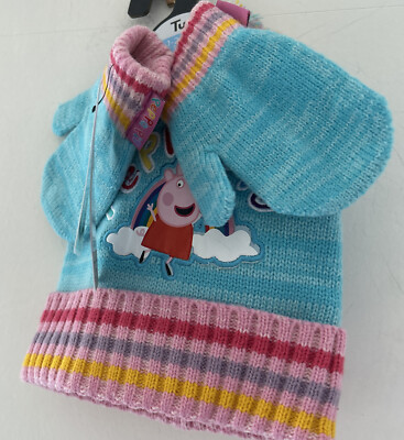 Peppa Pig türkis Fleece gefüttert Bommelmütze & Fäustlinge Set 1-2 Jahre